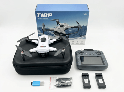 T18P HD Aerial Photography Drone with Brushless Motor, Dual Camera & Optical Flow Positioning | Includes Big Screen Remote, 2x Batteries & Memory Card | LED Lights, Perfect Birthday Gift for Beginners