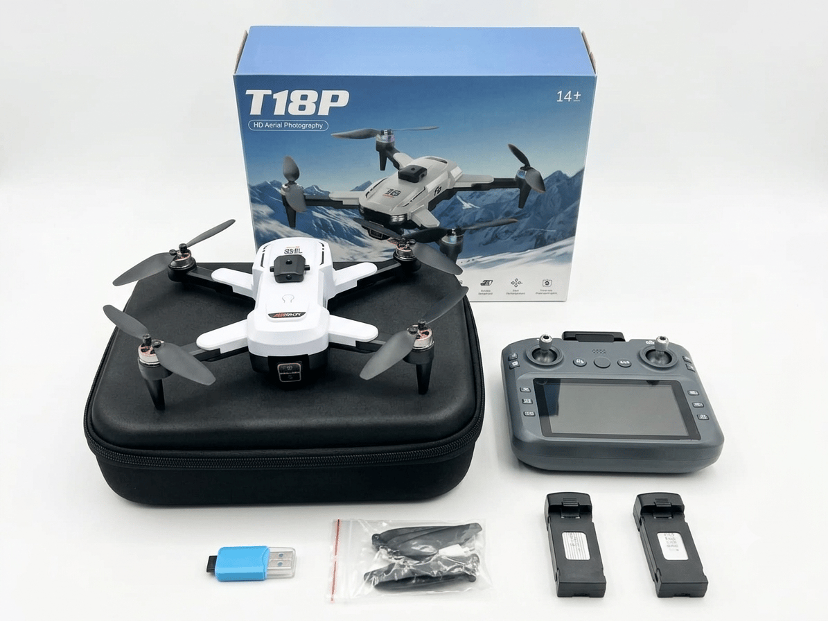T18P HD Aerial Photography Drone with Brushless Motor, Dual Camera & Optical Flow Positioning | Includes Big Screen Remote, 2x Batteries & Memory Card | LED Lights, Perfect Birthday Gift for Beginners